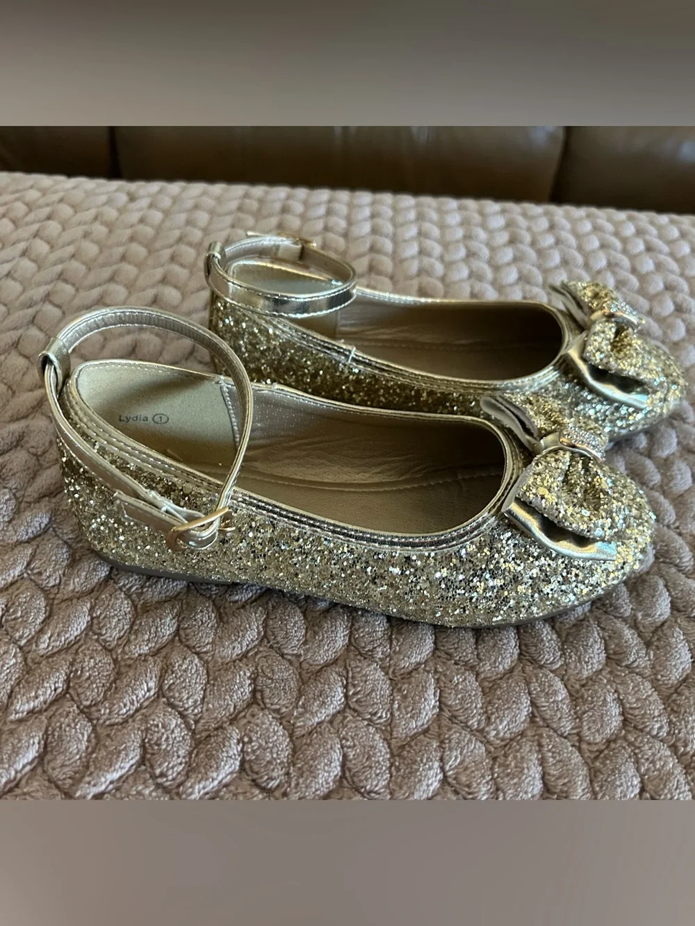Panda Ninjia Bow Champagne Glitter SHOES Flats girls size 1 Ankle strap Ballet